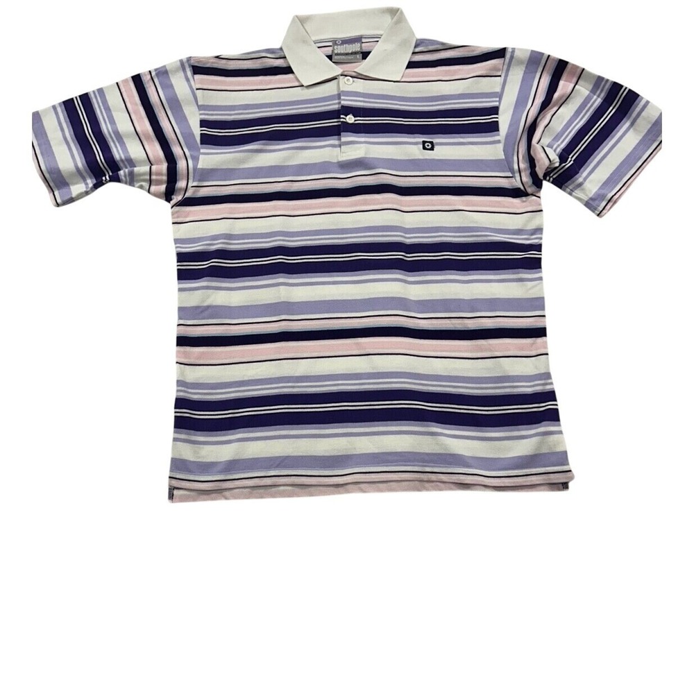Southpole Striped Polo Shirt Cotton Blend Casual Top Purple Pink White L (501)